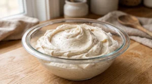 A glass bowl filled with smooth, fluffy cream cheese frosting sprinkled with cinnamon on a wooden countertop.