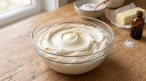 A glass bowl filled with rich, creamy white cream cheese frosting on a wooden countertop next to butter, vanilla, and powdered sugar.