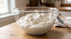 A glass bowl filled with smooth, fluffy white frosting on a wooden countertop.