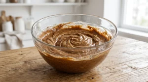 A large glass bowl containing blended spiced cake batter on a wooden countertop.