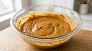 A large glass bowl containing blended pumpkin cake batter on a wooden countertop.