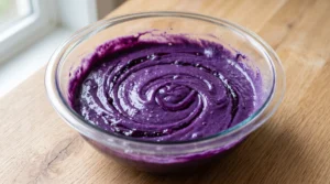 A glass bowl filled with vibrant purple cake batter swirling with ube halaya and extract on a wooden countertop.