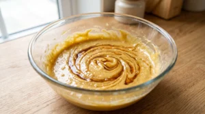 A glass bowl of cake batter with swirls of dark vanilla extract poured on top, sitting on a wooden countertop.