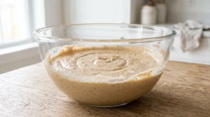 A glass bowl containing smooth spiced cake batter on a wooden countertop.