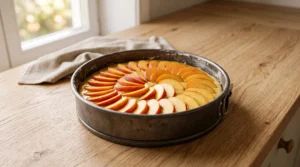 A round baking pan filled with peach cake batter, neatly arranged with fresh sliced peaches on top, sitting on a wooden countertop.