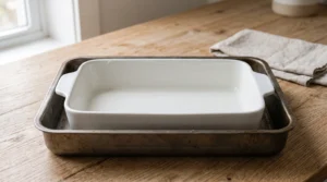 A greased white baking dish set inside a larger metal roasting pan on a wooden countertop.