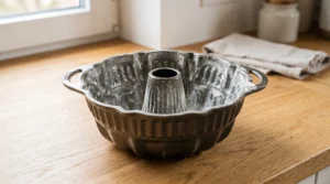 A metal Bundt pan generously greased and coated on a wooden countertop.