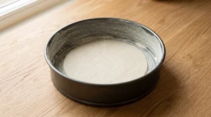 A round metal baking pan, greased, floured, and lined with a parchment paper round, sitting on a wooden countertop.