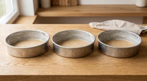 Three greased and floured round metal cake pans lined with parchment paper rounds sitting on a wooden countertop.