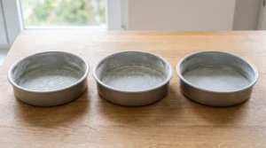 Three round metal baking pans, greased, floured, and lined with parchment paper rounds, sitting on a wooden countertop.