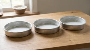 Three greased round cake pans lined with parchment paper rounds on a wooden countertop.