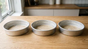 Three round metal cake pans greased, floured, and lined with parchment rounds on a wooden countertop.