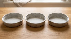 Three round metal baking pans, greased, floured, and lined with parchment paper rounds, sitting on a wooden countertop.
