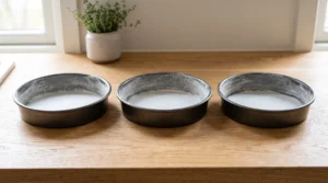 Three round metal cake pans greased, floured, and lined with parchment paper on their bottoms, sitting on a wooden countertop.