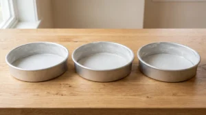 Three round metal cake pans greased, floured, and lined with parchment rounds on a wooden countertop.