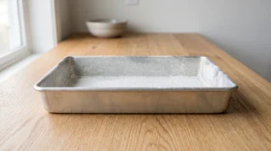 A rectangular 9x13 inch metal baking pan greased and floured on a wooden countertop.