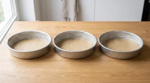 Three greased and floured round cake pans lined with parchment paper rounds on a wooden countertop.