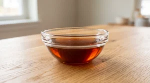 A small glass bowl filled with reduced, amber-colored apple cider sitting on a wooden countertop.