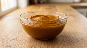A glass bowl filled with cooked, thickened pumpkin puree on a wooden countertop.