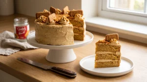 A sliced three-layer Biscoff cookie butter cake on a stand with a single slice on a white plate and a knife on the wooden counter.