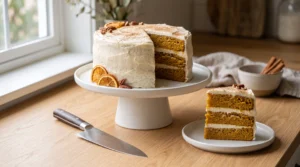 A sliced pumpkin spice layer cake on a white cake stand with a single slice on a plate, alongside a knife and a bowl of cinnamon sticks on a wooden countertop.
