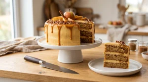 A sliced caramel apple cake with a slice served on a plate and a knife resting on the wooden countertop.