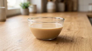 A small glass bowl filled with steeped and strained chai milk sitting on a wooden countertop.