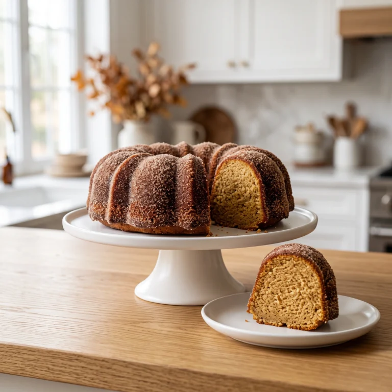 A cinnamon-sugar coated apple cider donut Bundt cake on a white cake stand with a slice removed, and a single slice served on a white plate in the foreground.