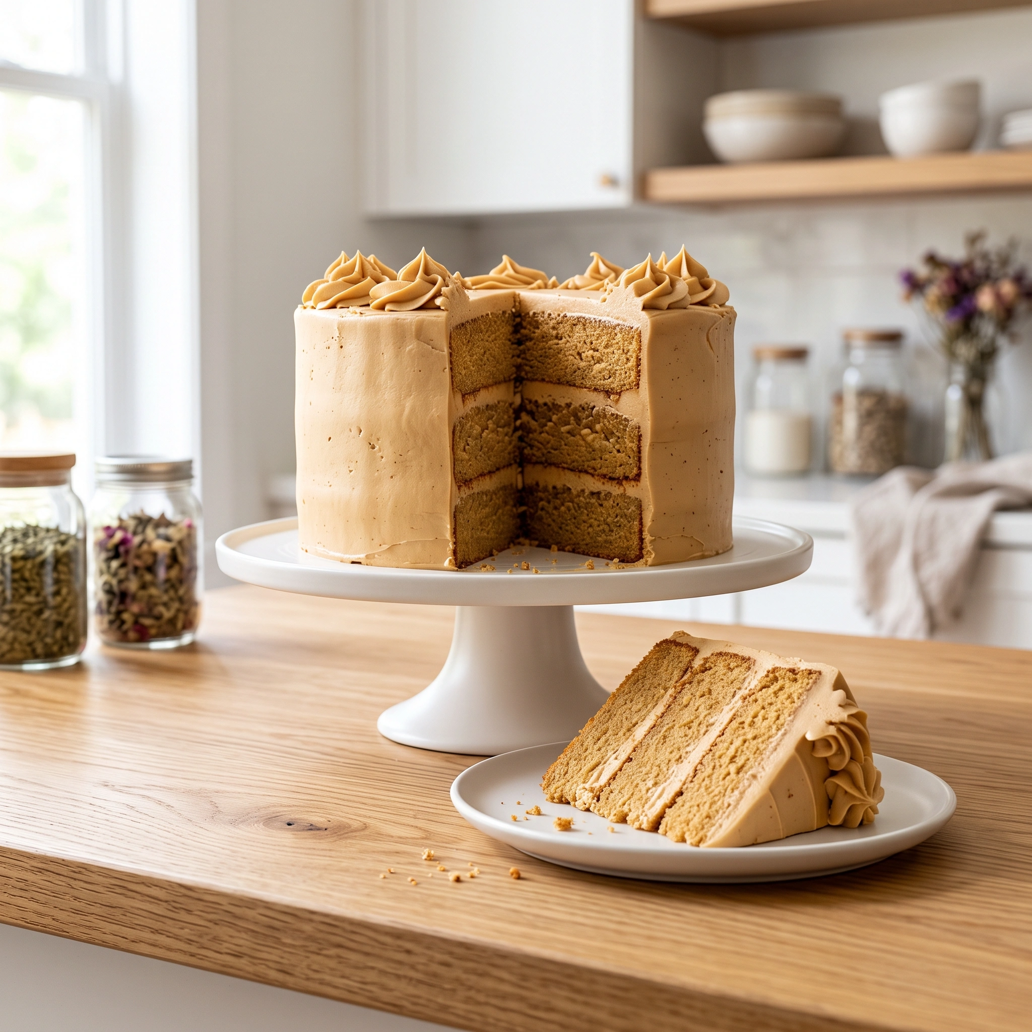 A three-layer frosted brown butter cake on a white cake stand with piped frosting swirls on top, next to a matching slice on a small plate showing the moist crumb and layers.