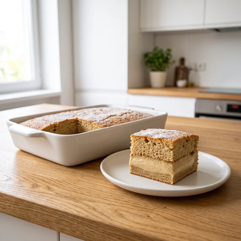 A freshly baked self-layering chai pudding cake dusted with powdered sugar in a baking dish, with a slice served on a white plate in the foreground showcasing its distinct layers.