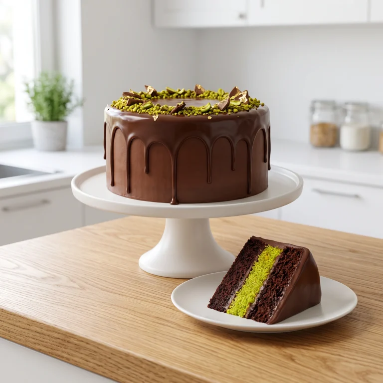 A full Dubai chocolate cake on a white cake stand covered in smooth chocolate ganache with drips down the side, with a single slice on a white plate showing its layers of chocolate cake and bright green pistachio kunafa filling.