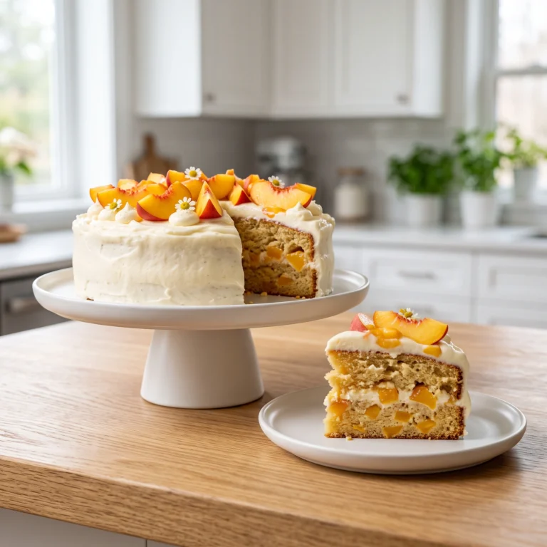 A frosted round peach cake topped with fresh peach slices and small flowers on a white cake stand, with a matching slice on a small plate showing diced peaches inside.