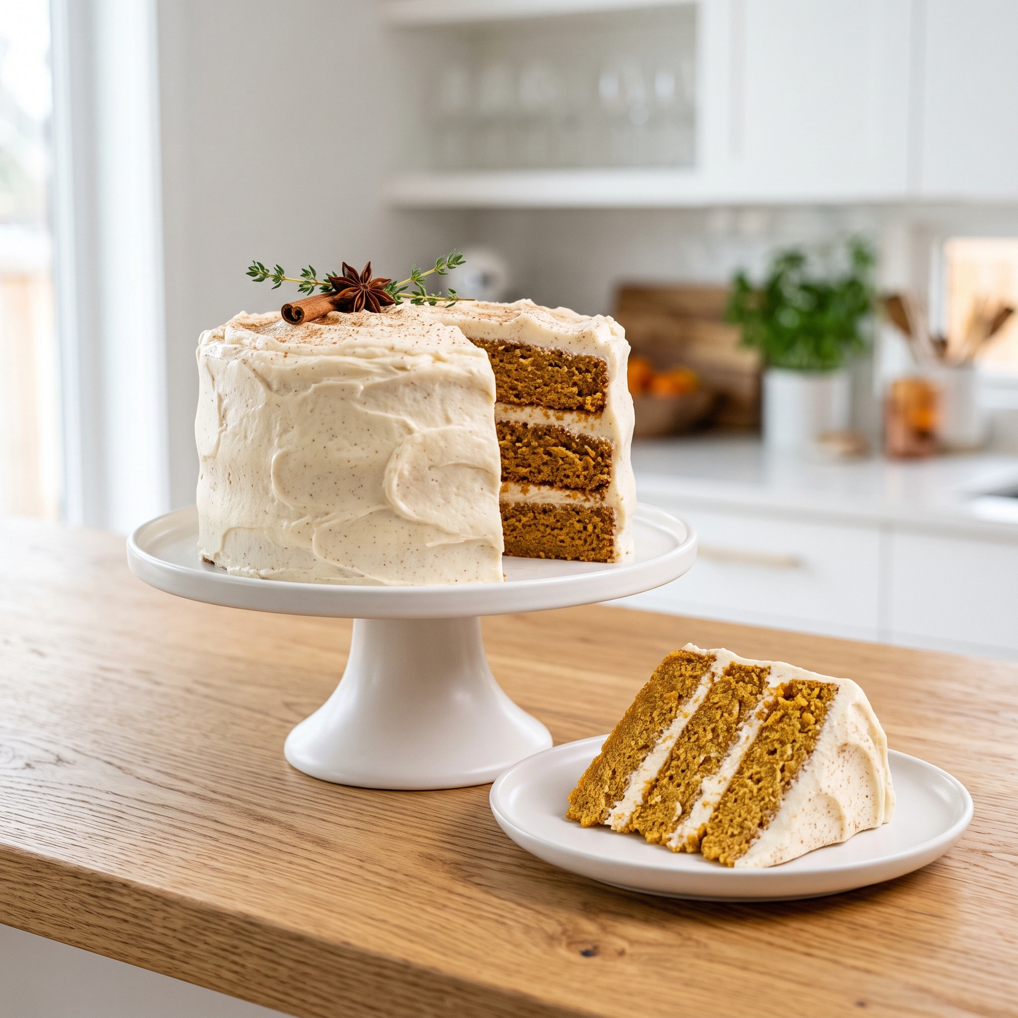 A frosted three-layer pumpkin spice cake on a white cake stand with a slice removed, showing layers of spiced cake and cream cheese frosting, with a single slice on a white plate in the foreground.