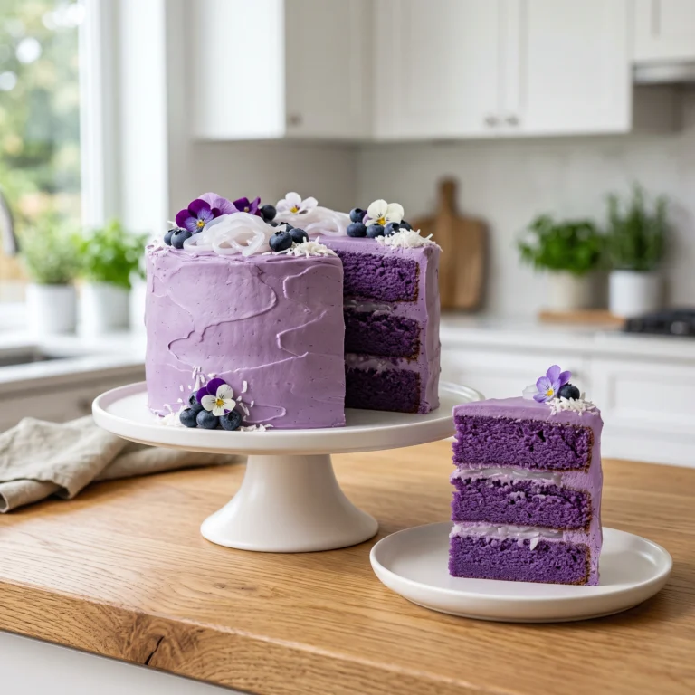 A three-layer ube cake with vibrant purple crumb, smooth purple frosting, blueberries, coconut shreds, and edible flowers on a white cake stand, with a matching slice on a small plate.