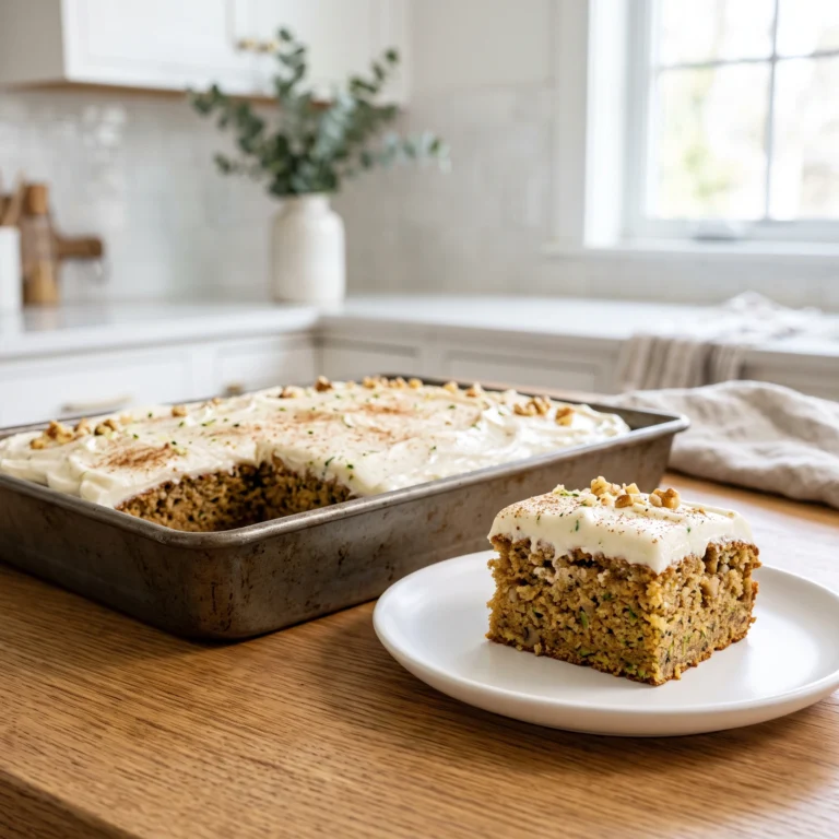 A frosted 9x13 inch zucchini cake in a baking pan with one slice cut and served on a white plate in the foreground, garnished with chopped walnuts and cinnamon.