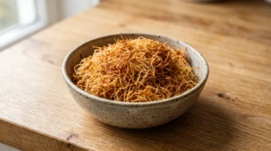A bowl of golden-brown toasted kataifi pastry on a wooden countertop.