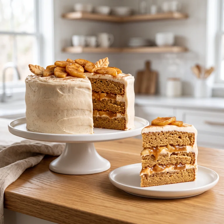 A fully frosted three-layer apple pie cake on a white cake stand with a slice cut out and served on a plate next to it.