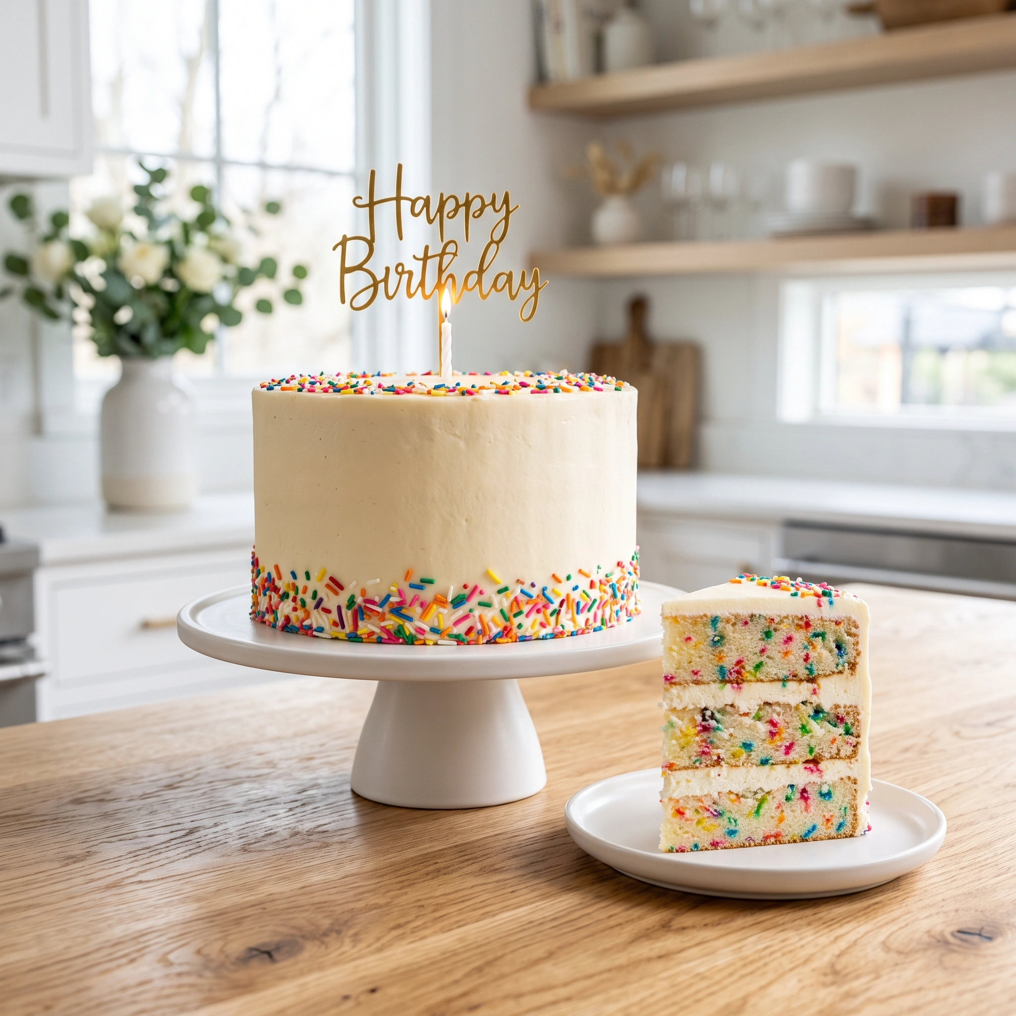A three-layer frosted Funfetti birthday cake with rainbow jimmies, a single lit candle, and a "Happy Birthday" cake topper on a white cake stand, with a matching slice on a small plate beside it.