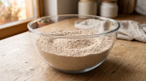 A glass bowl filled with whisked dry ingredients including cake flour, spices, and leavening agents on a wooden countertop.