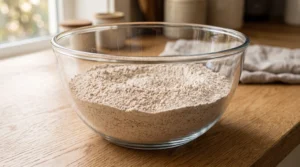 A glass bowl filled with a whisked blend of dry ingredients including cake flour, leavening agents, and spices on a wooden countertop.