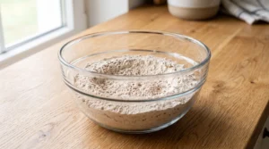 A medium glass bowl filled with whisked flour, baking powder, baking soda, and spices on a wooden countertop.