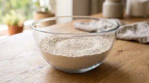 A glass mixing bowl filled with dry ingredients for The Best Brown Butter Cake on a wooden countertop.