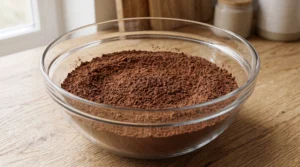 A large glass bowl filled with dry cocoa and flour mixture on a wooden countertop.