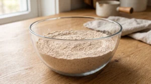 A medium glass bowl filled with mixed dry cake flour and spices on a wooden countertop.