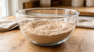 A glass mixing bowl filled with dry ingredients for The Best Zucchini Cake Recipe (Moist, Spiced, Never Soggy) on a wooden countertop.