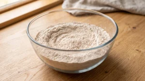 A glass bowl containing a whisked mixture of dry ingredients including cake flour, baking powder, and spices on a wooden countertop.