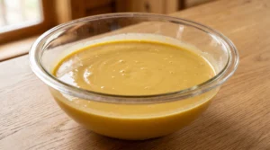 A large glass bowl containing a pale, whisked mixture of egg yolks, sugar, melted butter, and cooled chai milk on a wooden countertop.