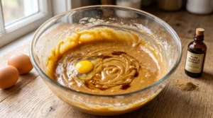 A glass bowl containing wet batter with a cracked egg and swirls of vanilla extract on a wooden countertop, flanked by whole eggs and a bottle of vanilla extract.
