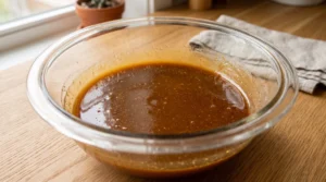 A glass bowl containing a smooth mixture of oil, granulated sugar, and brown sugar on a wooden countertop.