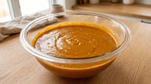 A large glass bowl filled with smooth, blended pumpkin wet ingredients on a wooden countertop.